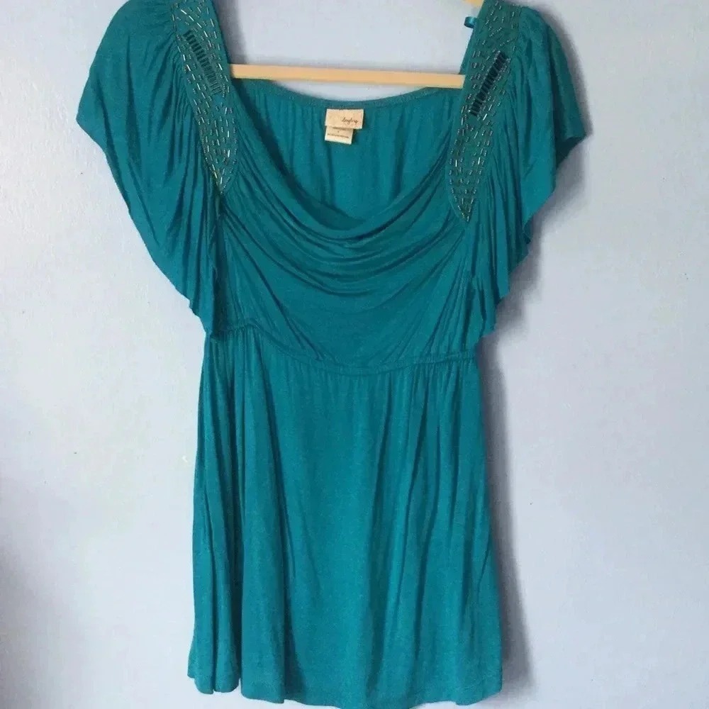Daytrip Teal Blue Beaded Cowl Neck Empire Waist Flutter Sleeve Tunic Top S